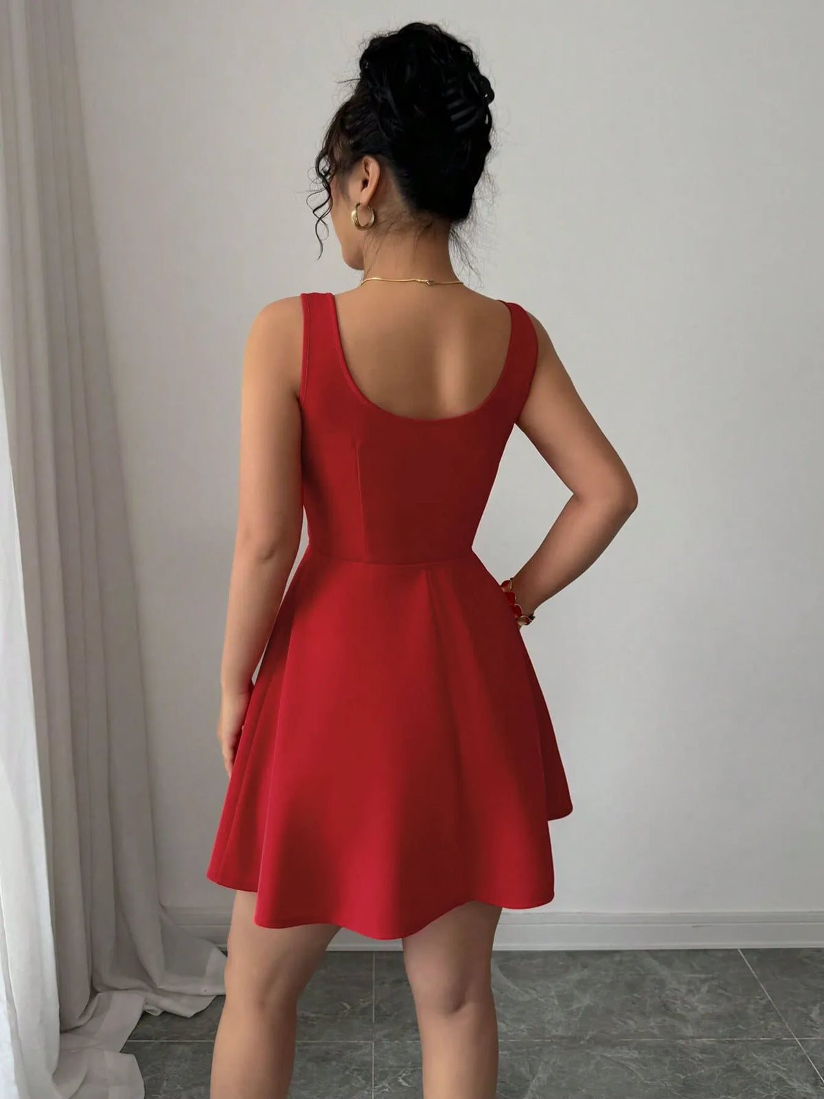 Red tie front wide strap dress side view