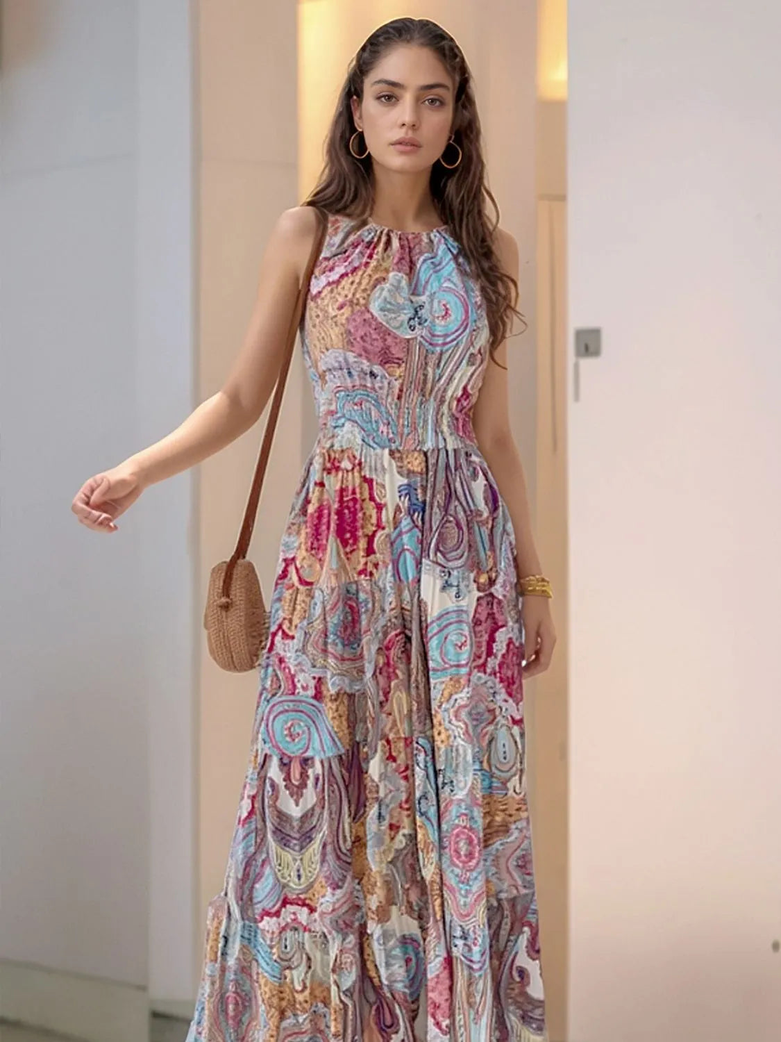 Printed halter neck backless maxi dress, front view