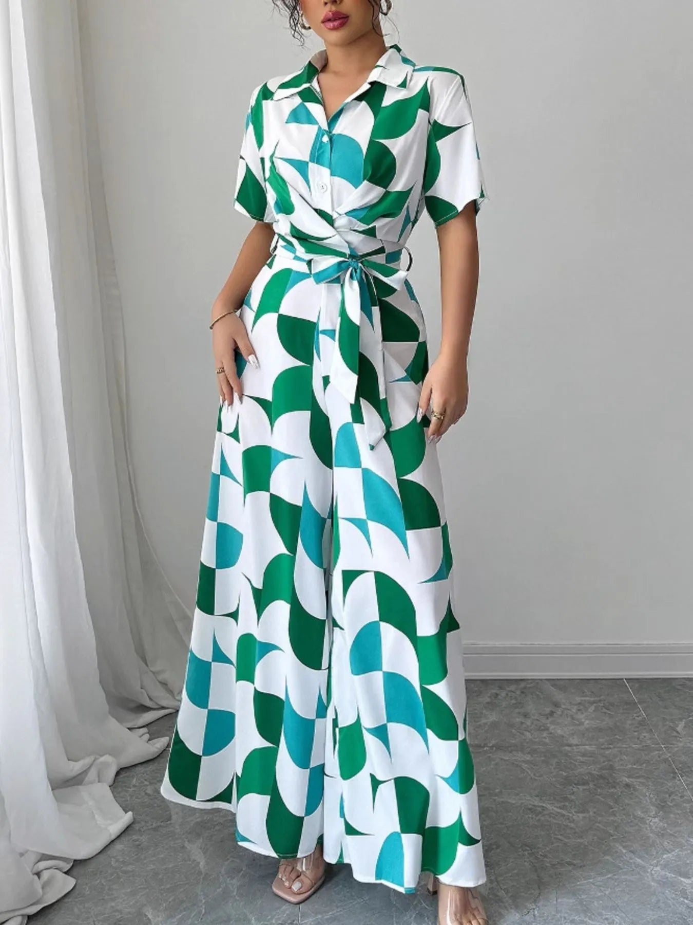 Printed Wide Leg Belted Jumpsuit Turquoise - Fashorio