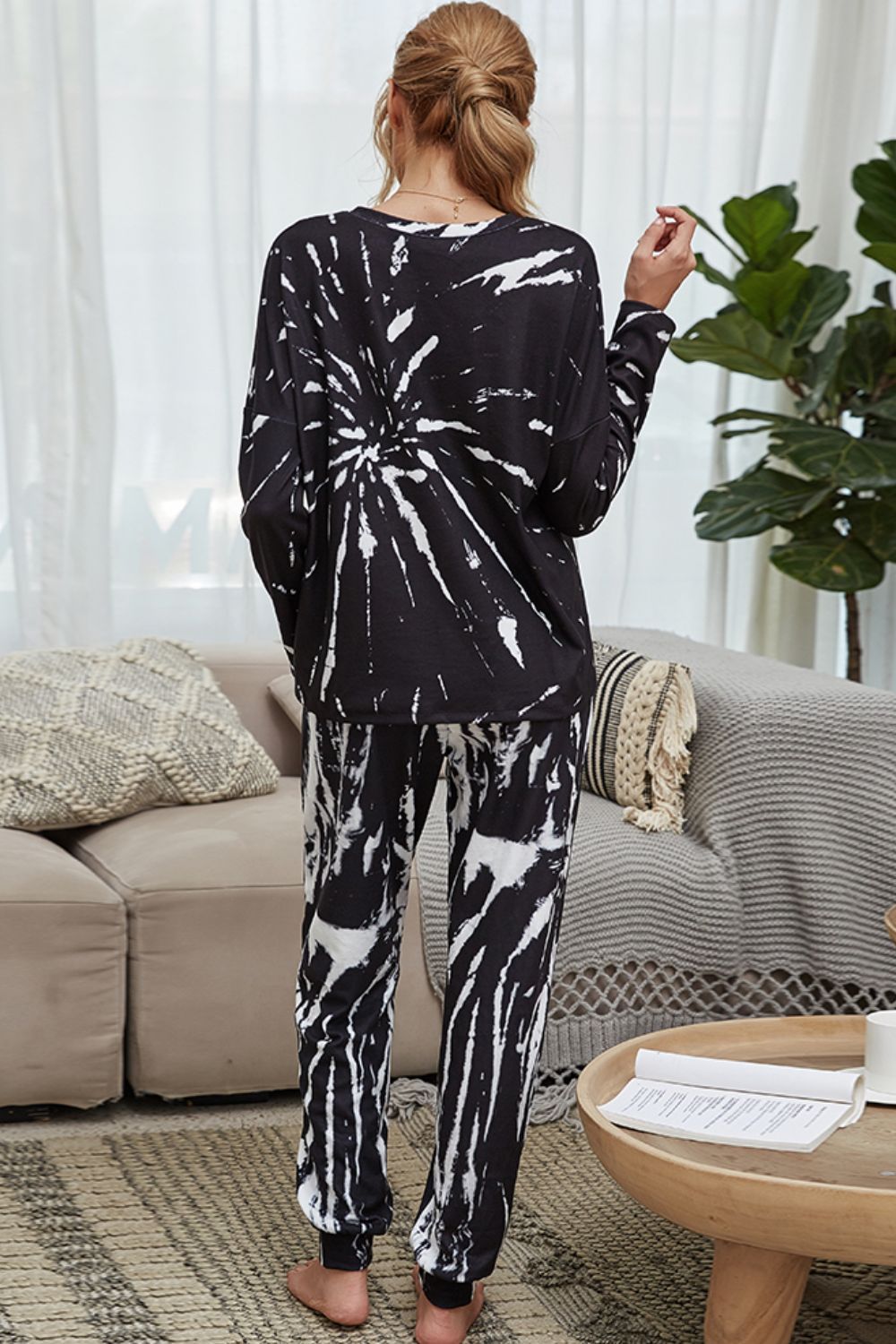 Shiny Tie-Dye Round Neck Top and Drawstring Waist Joggers Lounge Set - Fashorio