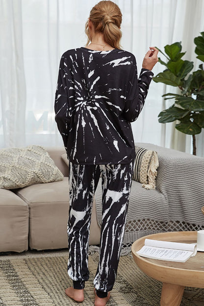 Shiny Tie-Dye Round Neck Top and Drawstring Waist Joggers Lounge Set - Fashorio