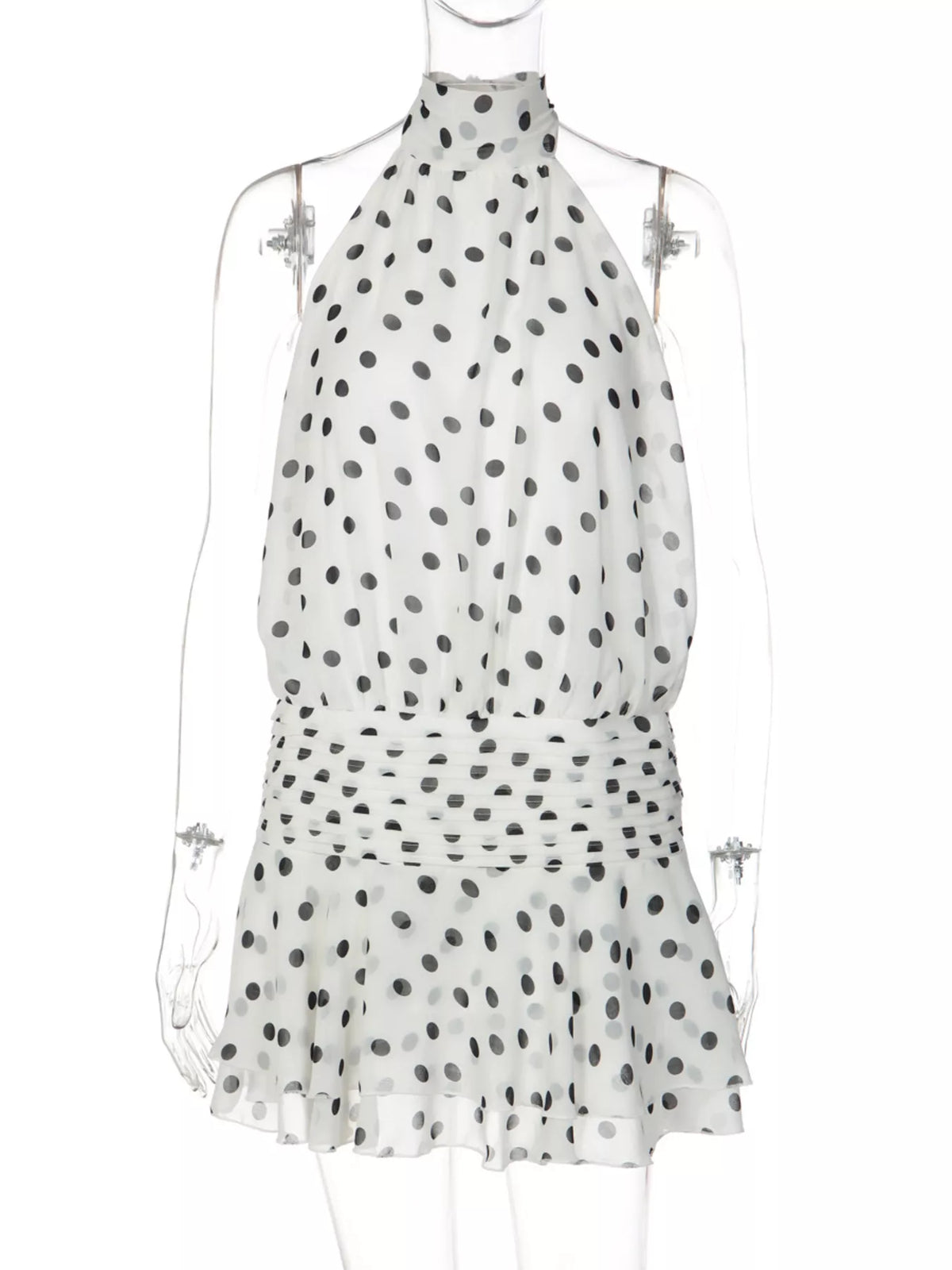 White polka dot ruffle dress in natural light