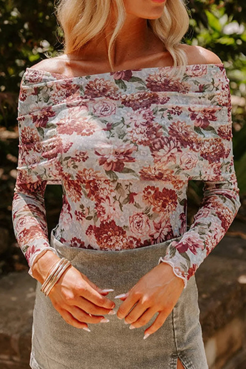 Floral Off-Shoulder Long Sleeve Bodysuit - Fashorio