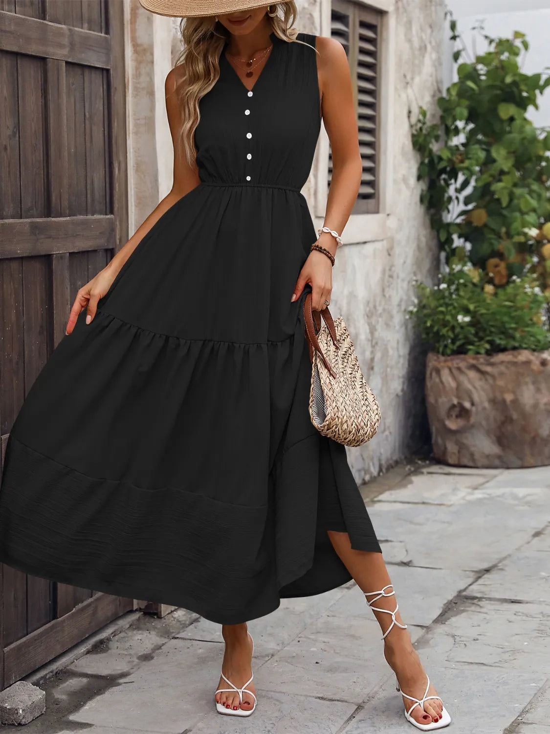 Notched sleeveless maxi tank dress, side profile