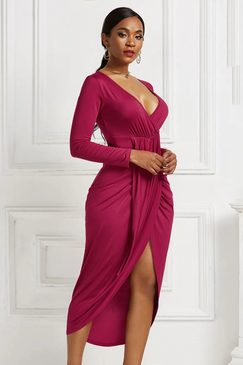 High Low Ruched Surplice Long Sleeve Dress, view 34