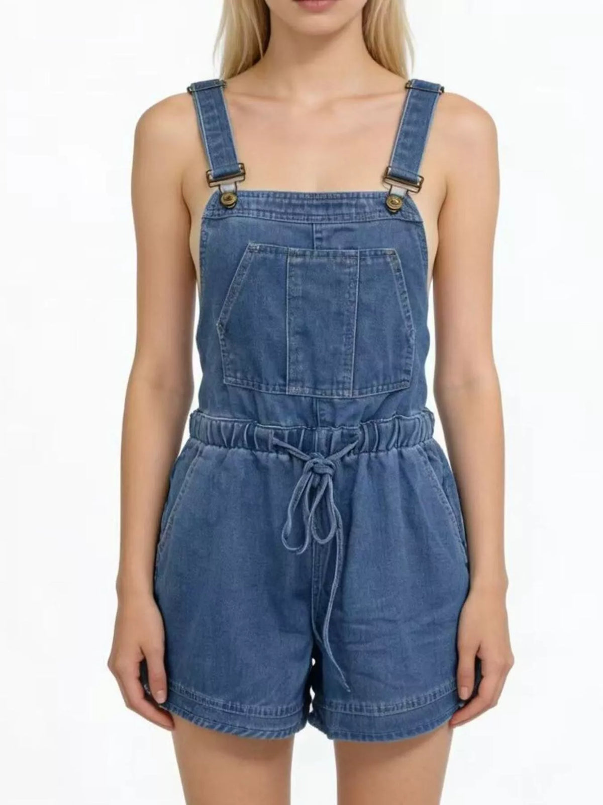Dark blue tie back denim overall shorts front view on model