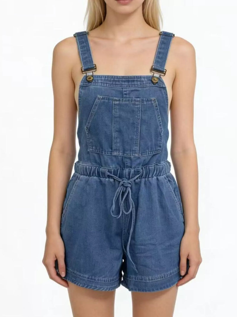 Dark blue tie back denim overall shorts front view on model