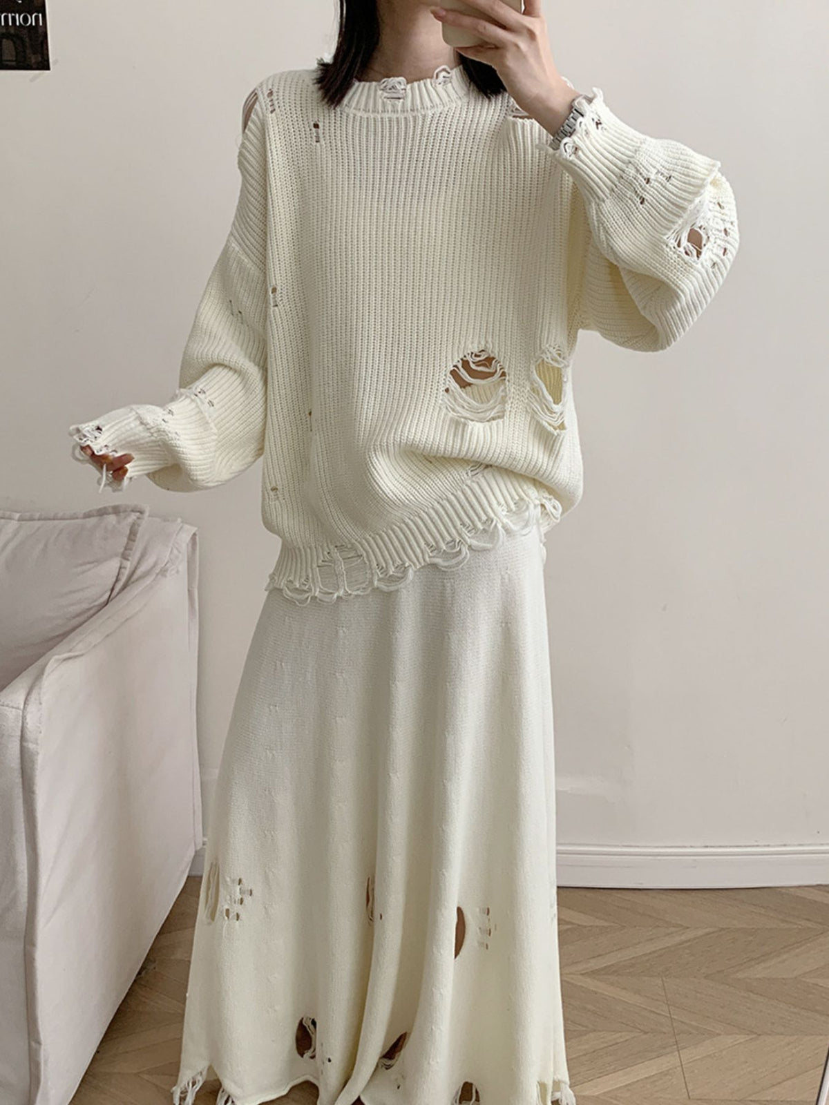 Distressed sweater and skirt two piece set off white front view