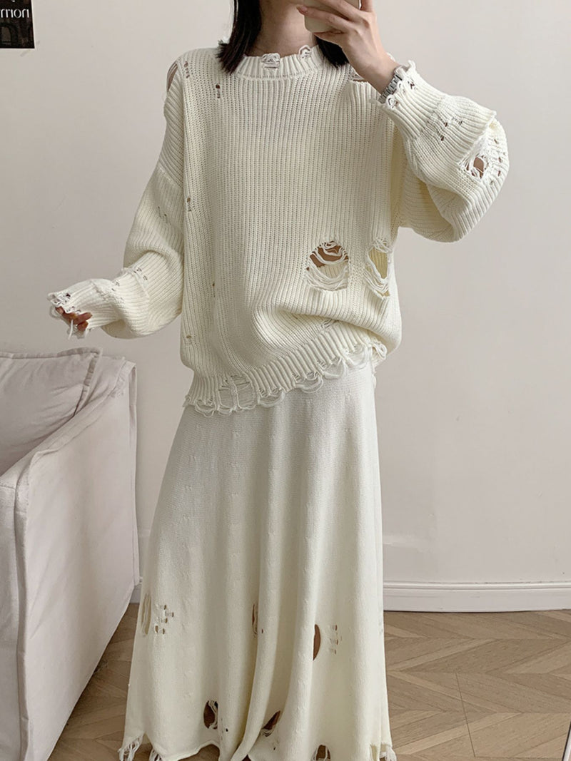 Distressed sweater and skirt two piece set off white front view