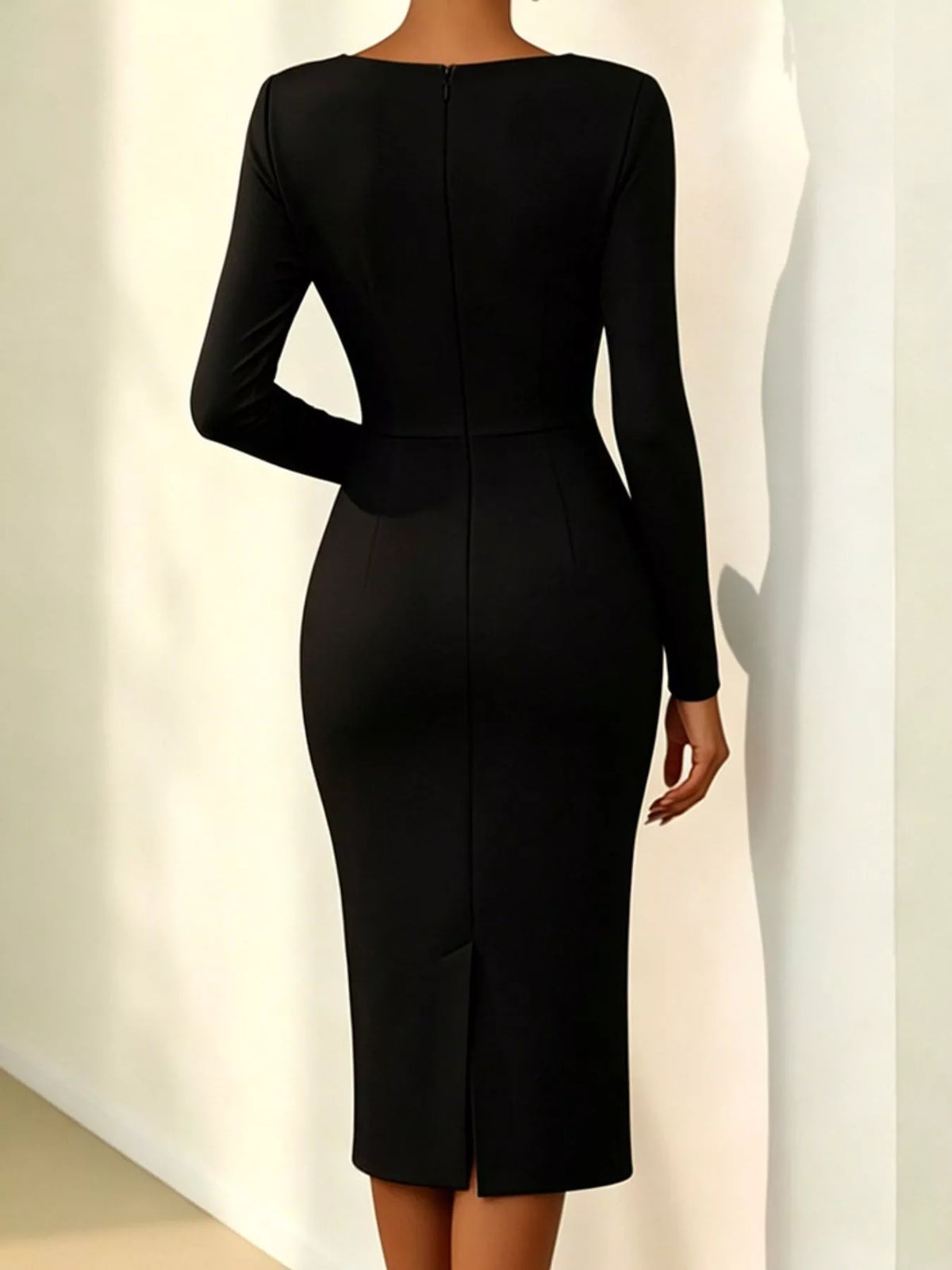 Rose embellished asymmetrical neck midi dress three quarter view