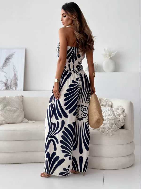 Printed strapless wide leg jumpsuit back view