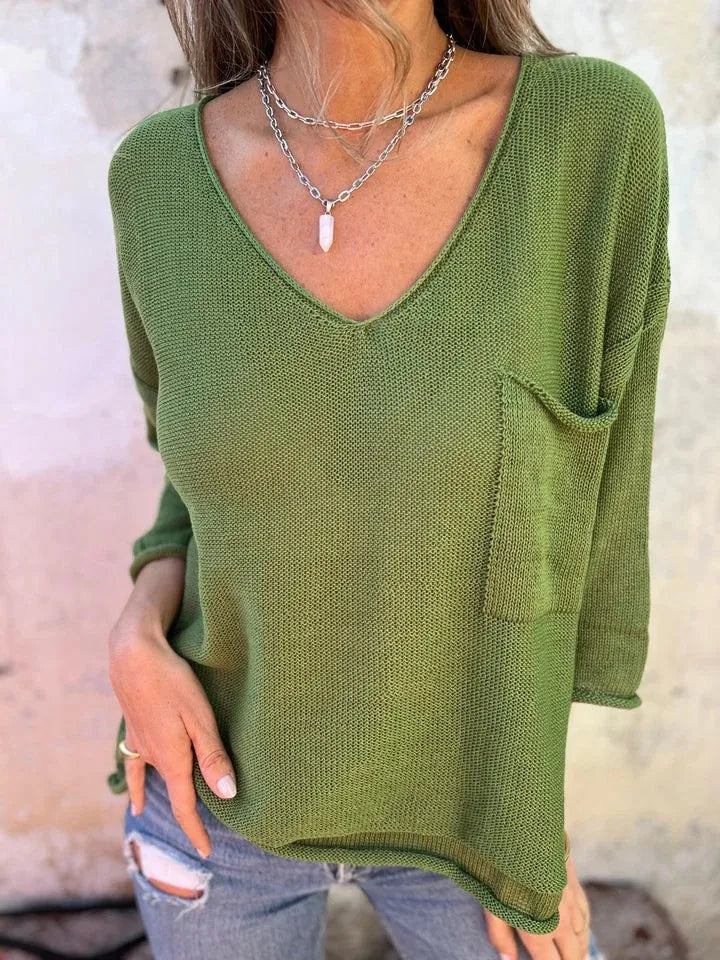 Full Size Casual V-Neck Knit Sweater Plus Size Matcha Green - Fashorio