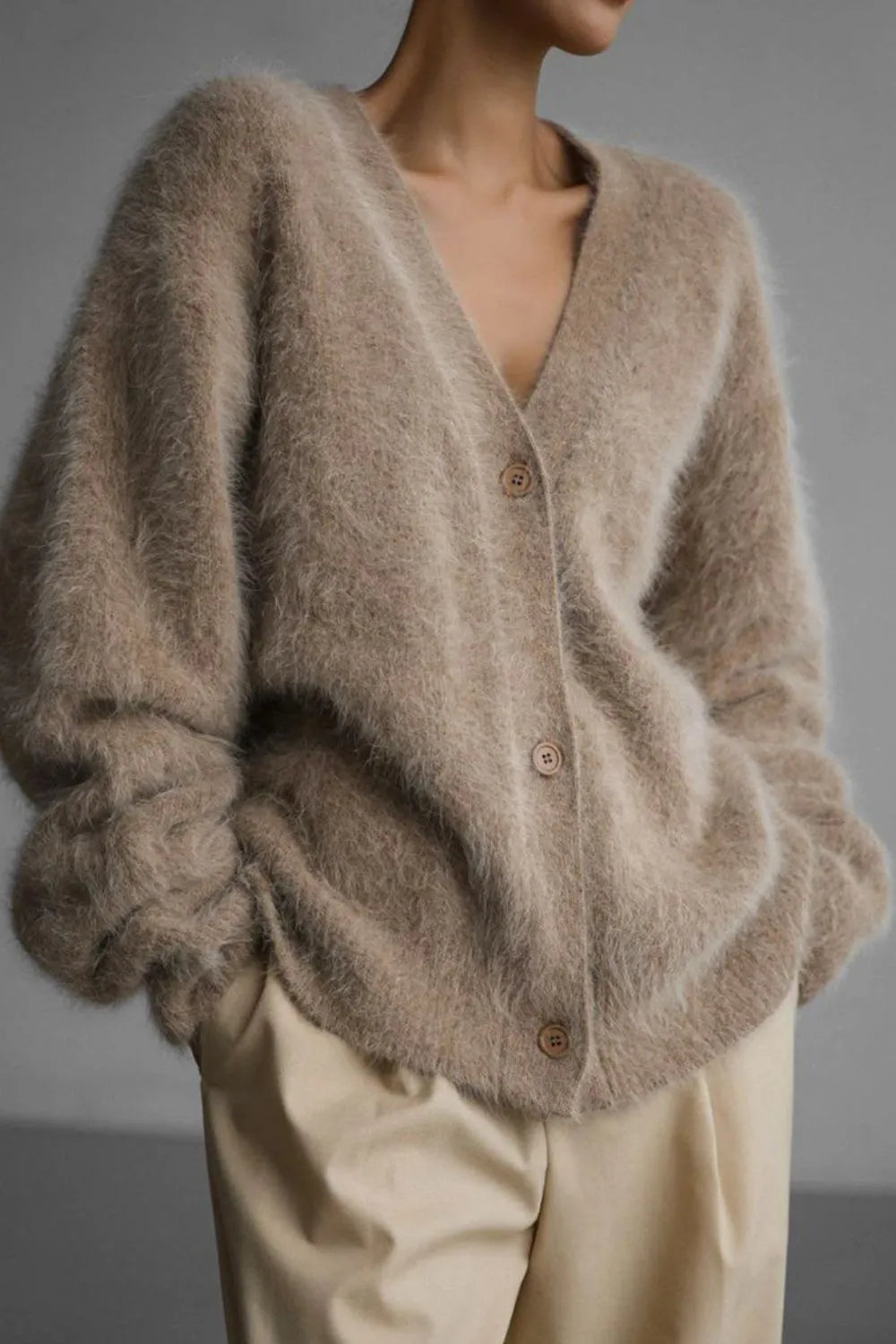 Fuzzy Button Down Long Sleeve Cardigan - Fashorio