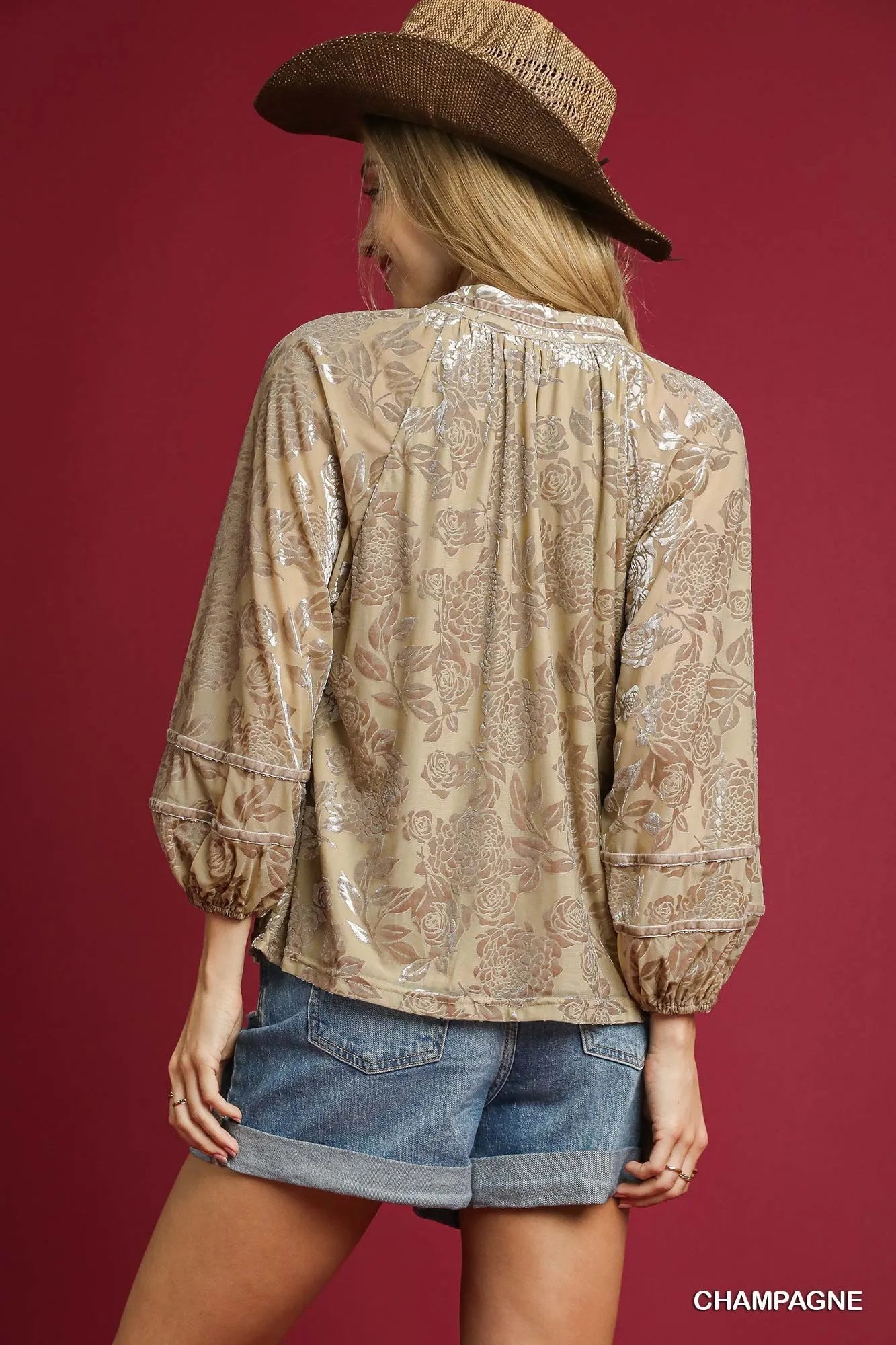 Umgee Floral Velvet Blouse with Balloon Sleeves - Fashorio