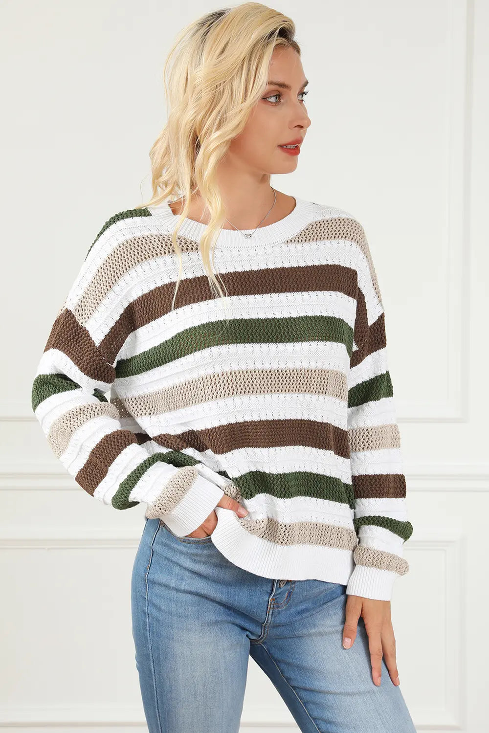 Striped Openwork Dropped Shoulder Sweater - Fashorio
