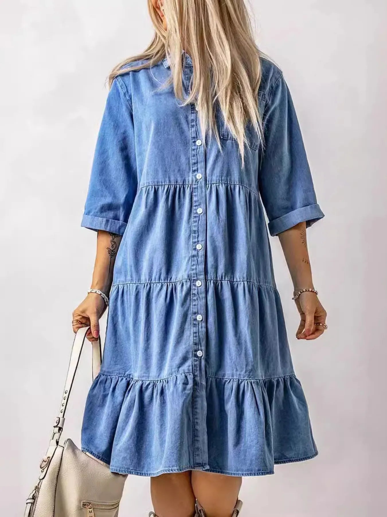 Full Size Ruffled Hem Button Up Denim Midi Dress Plus Size - Fashorio