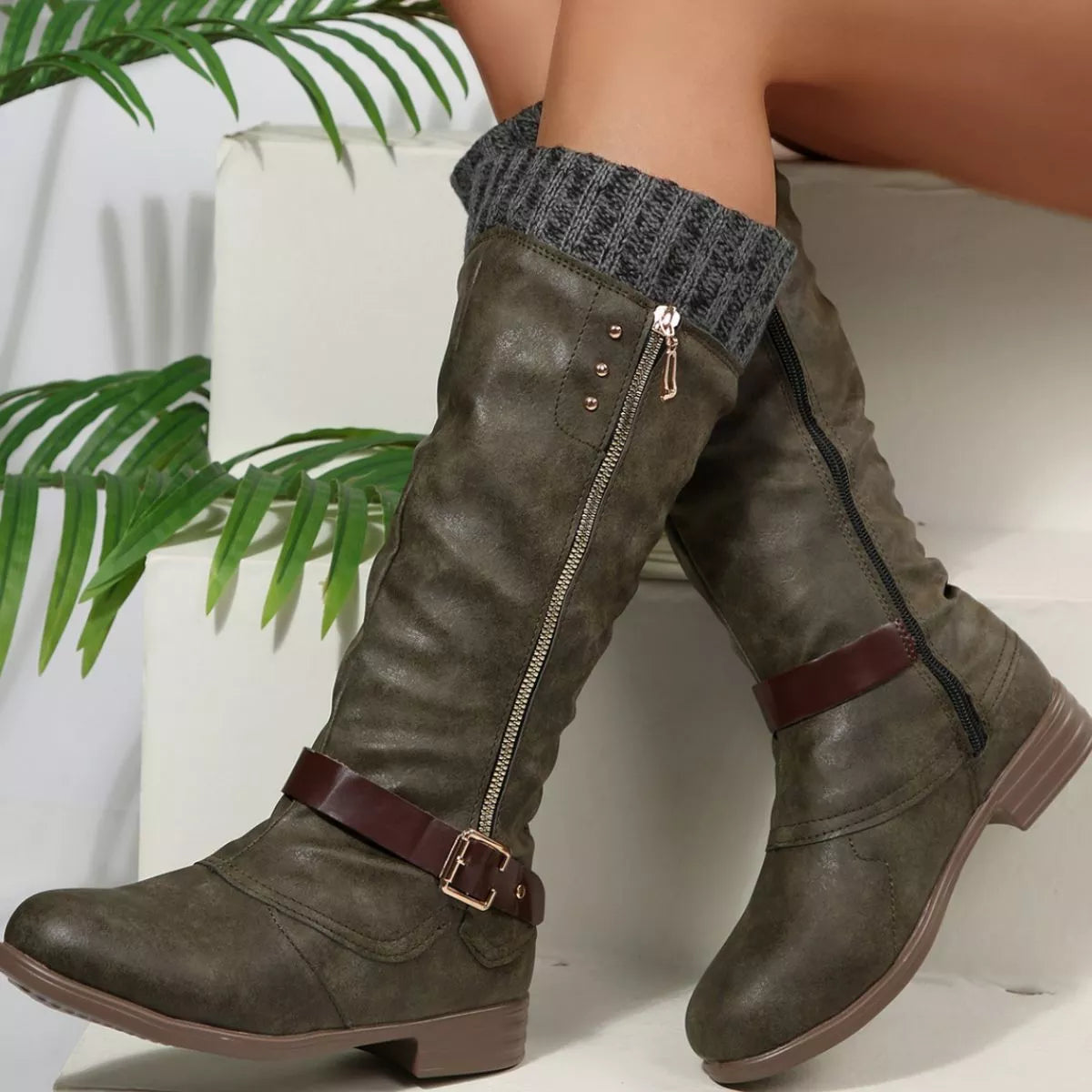 Purple round toe block heels boots platform and sole detail
