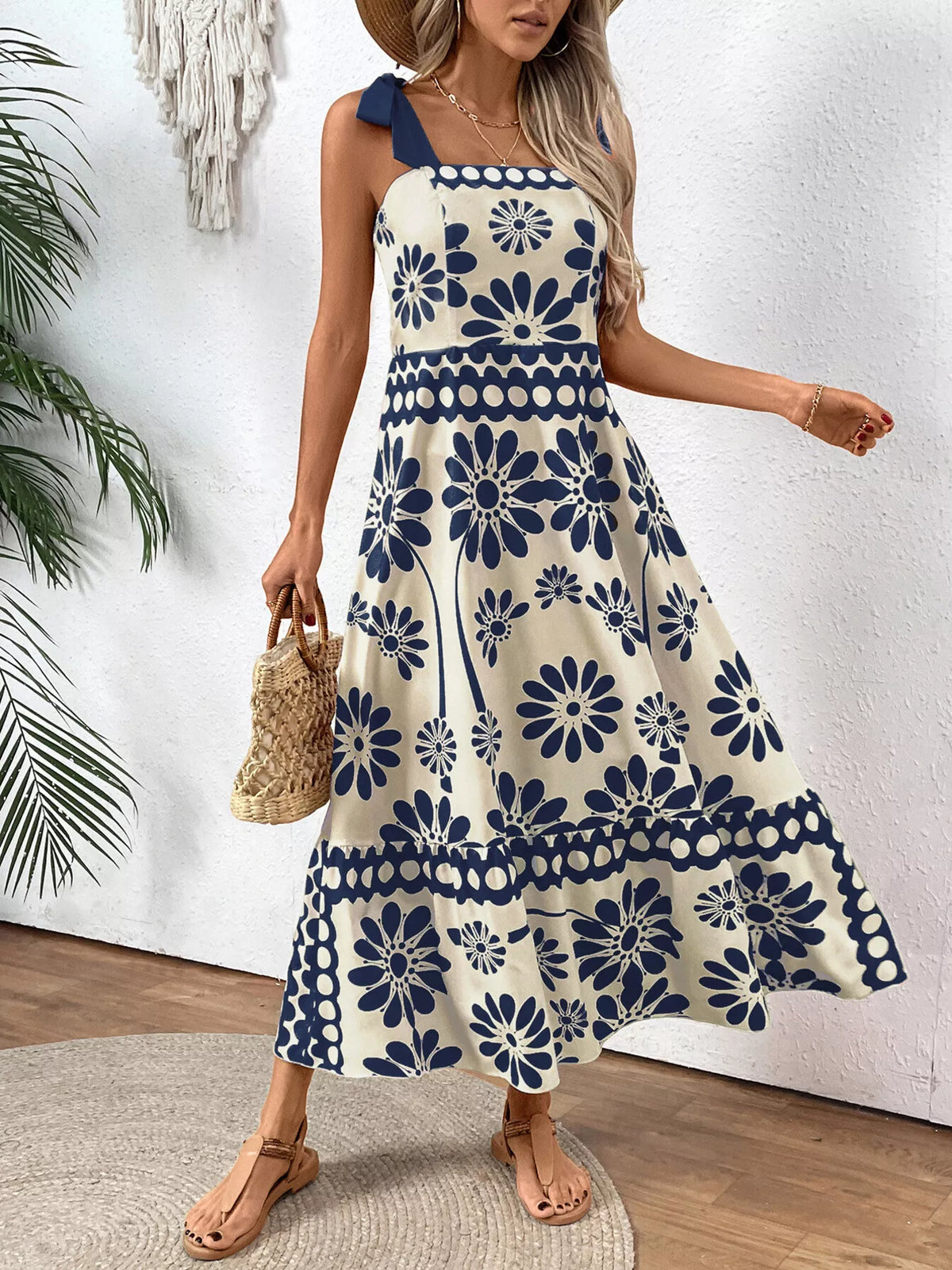 Red floral print tie shoulder midi dress front view