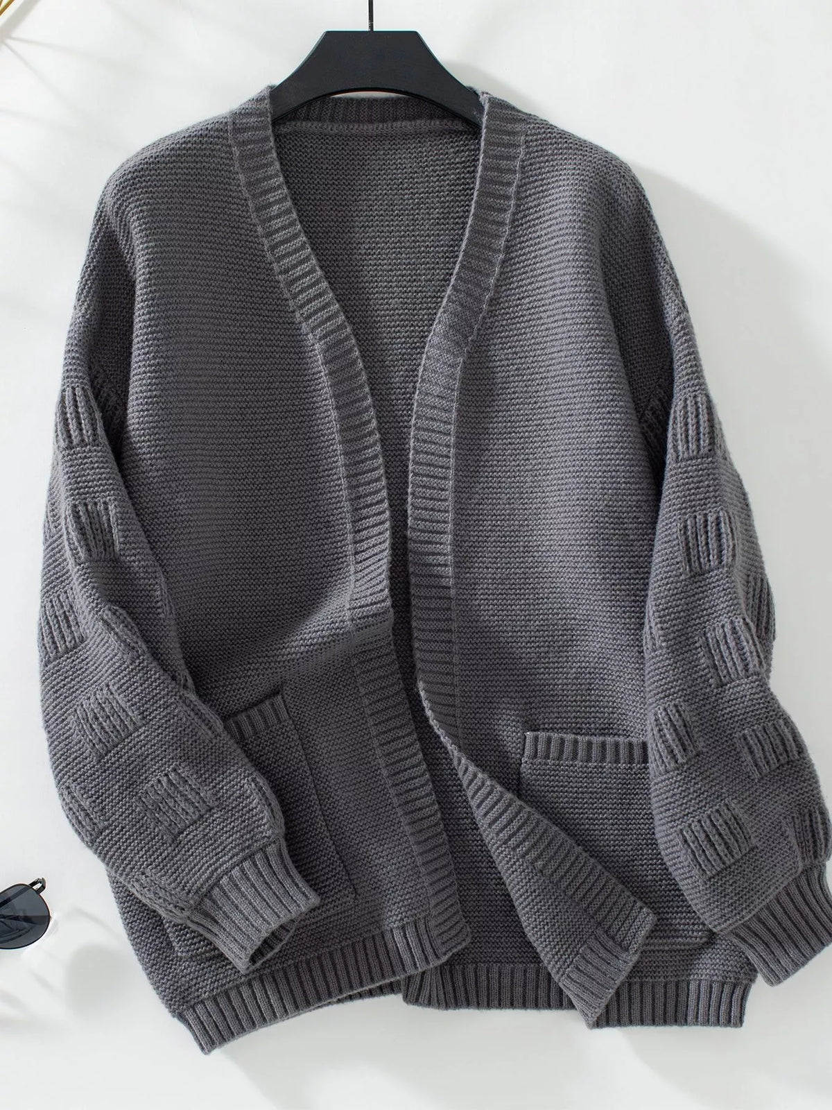 textured knit open front cardigan sleeve and cuff detail