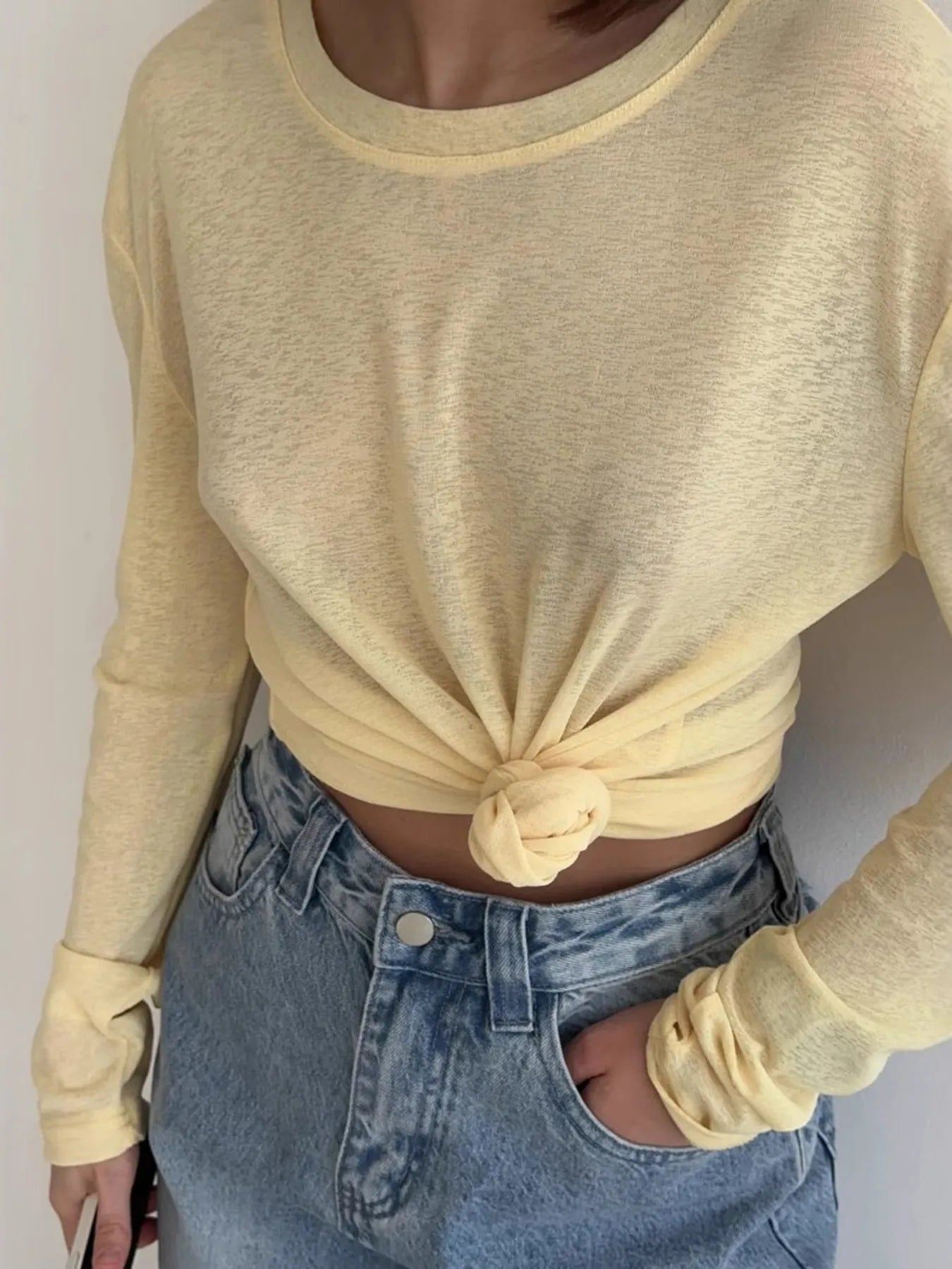 Knotted Long Sleeve T-Shirt Pastel Yellow - Fashorio