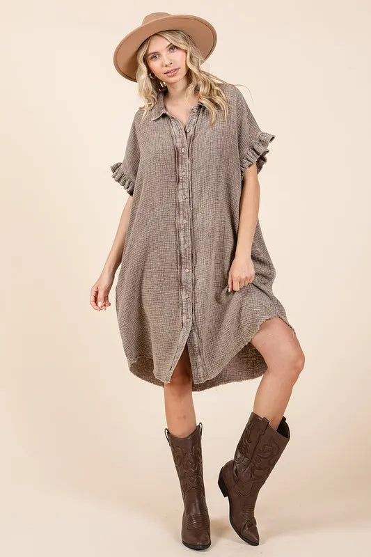 Mineral wash cotton gauze mini shirt dress front view
