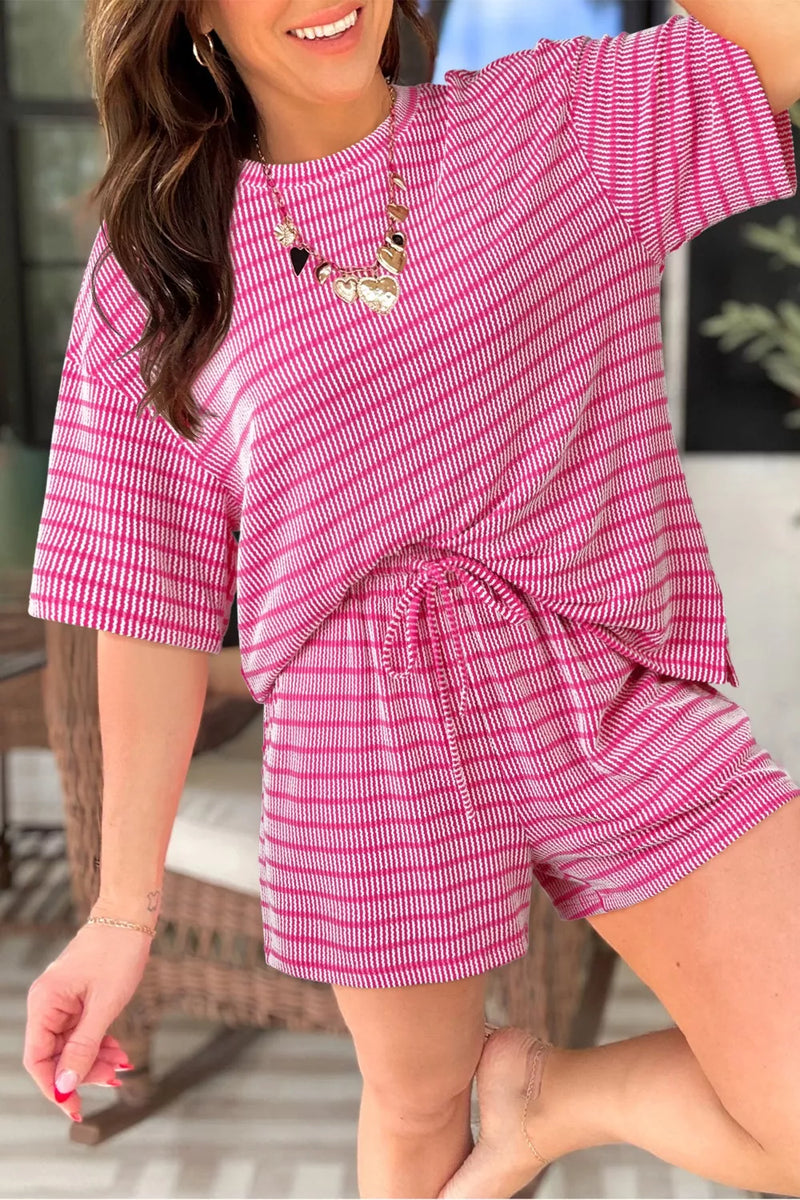 Striped ribbed loose tee and short two piece set front view