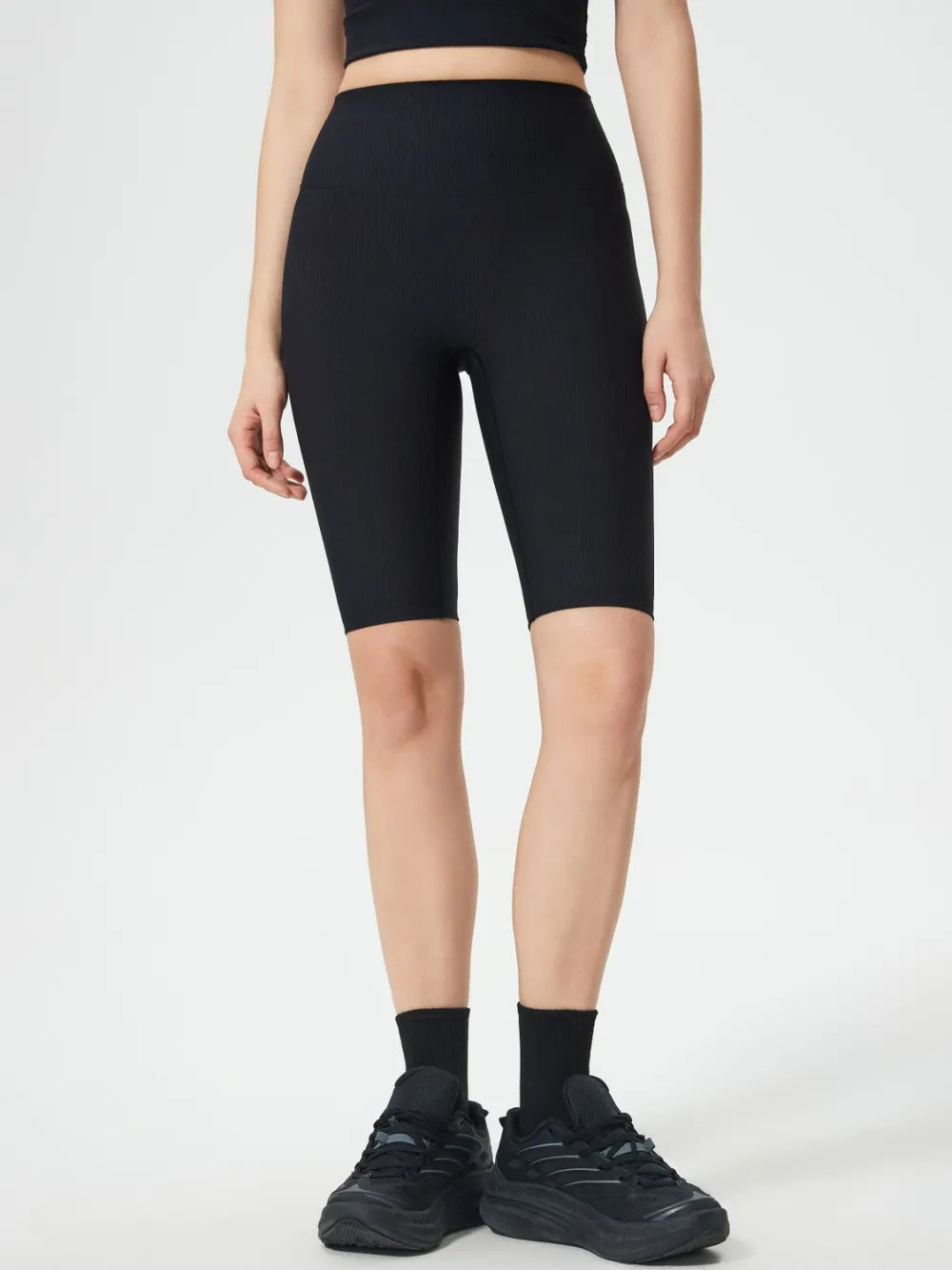 High waist stretch active shorts close up detail