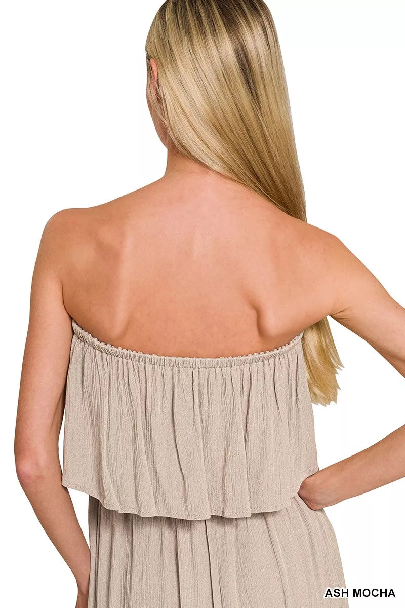 Zenana woven crinkle strapless maxi dress in ash mocha side view