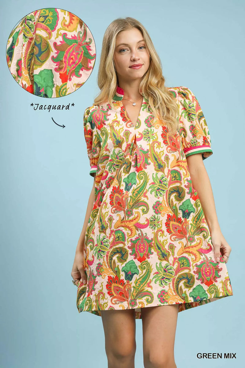Green jacquard abstract print puff sleeve mini dress front view