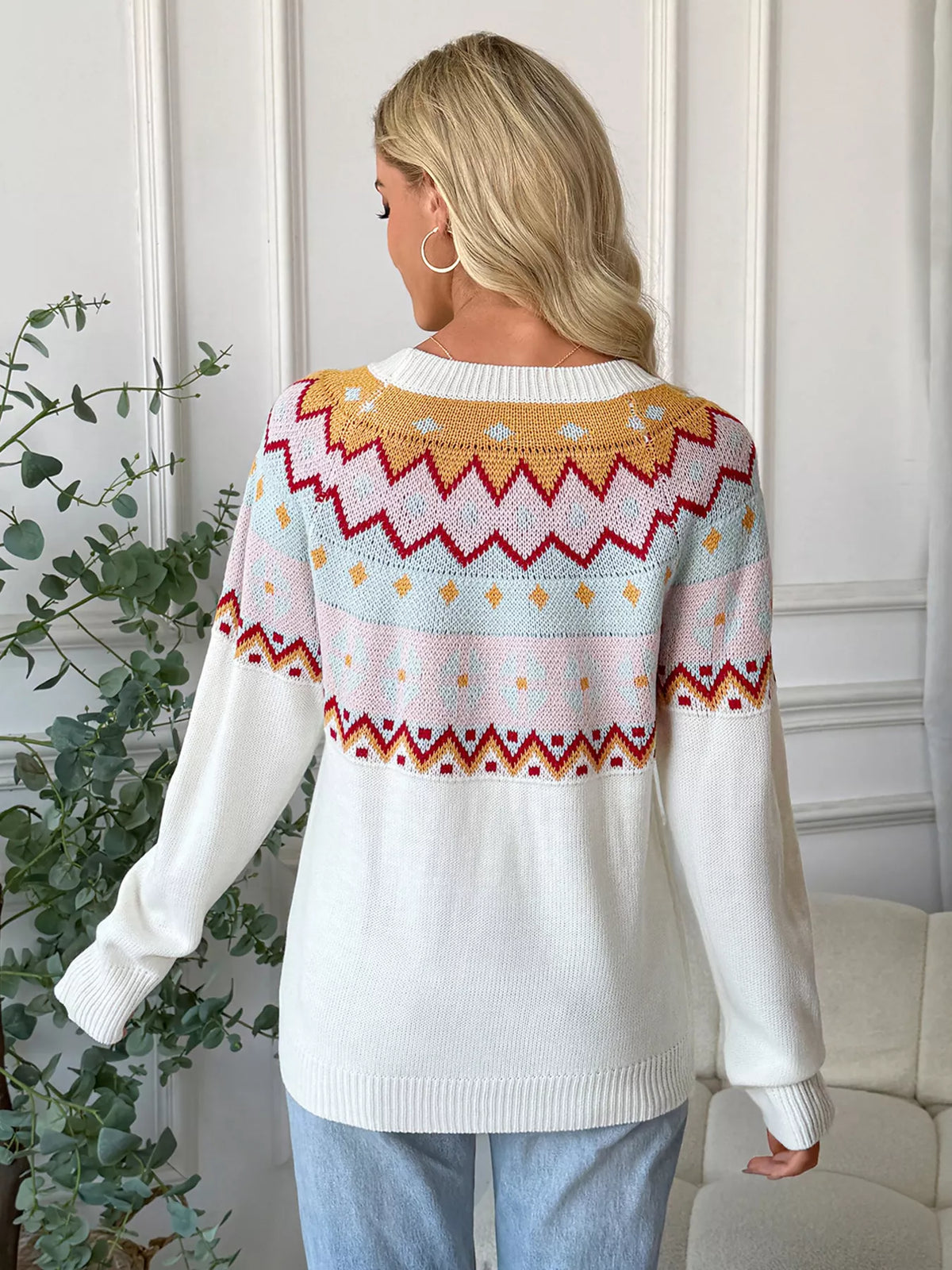 Geometric round neck sweater back view