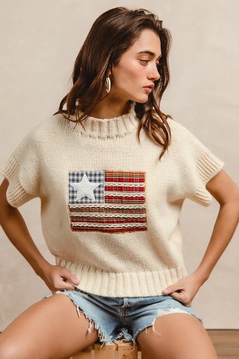 BiBi American Flag Patchwork Drop Shoulder Sweater - Fashorio