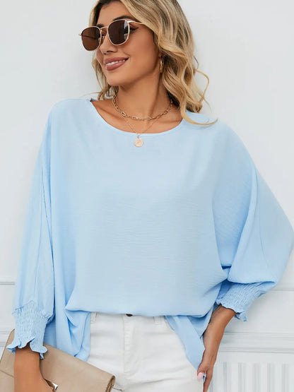 Smocked Lantern Sleeve Round Neck Blouse - Fashorio