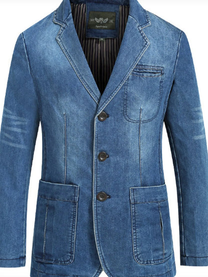 Men's Plus Size Single-Breasted Denim Blazer Jacket Light Blue - Fashorio