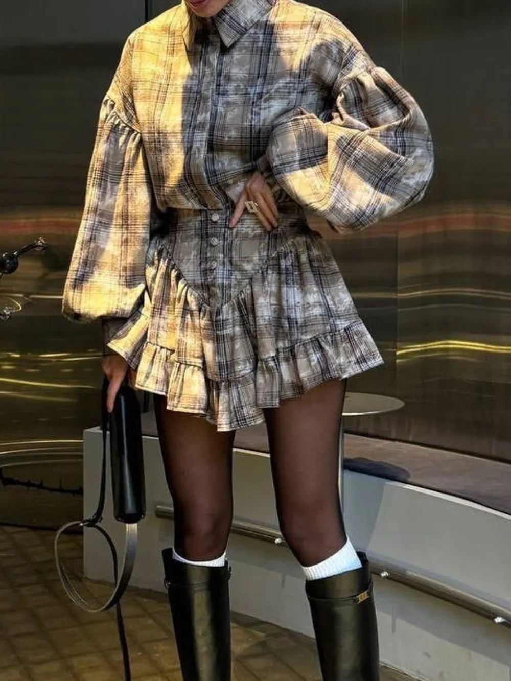 Neutral shirt and skirt set side view
