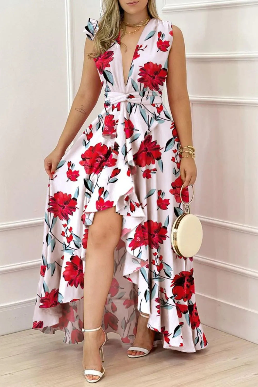Ruffled plunge sleeveless maxi dress styled full length