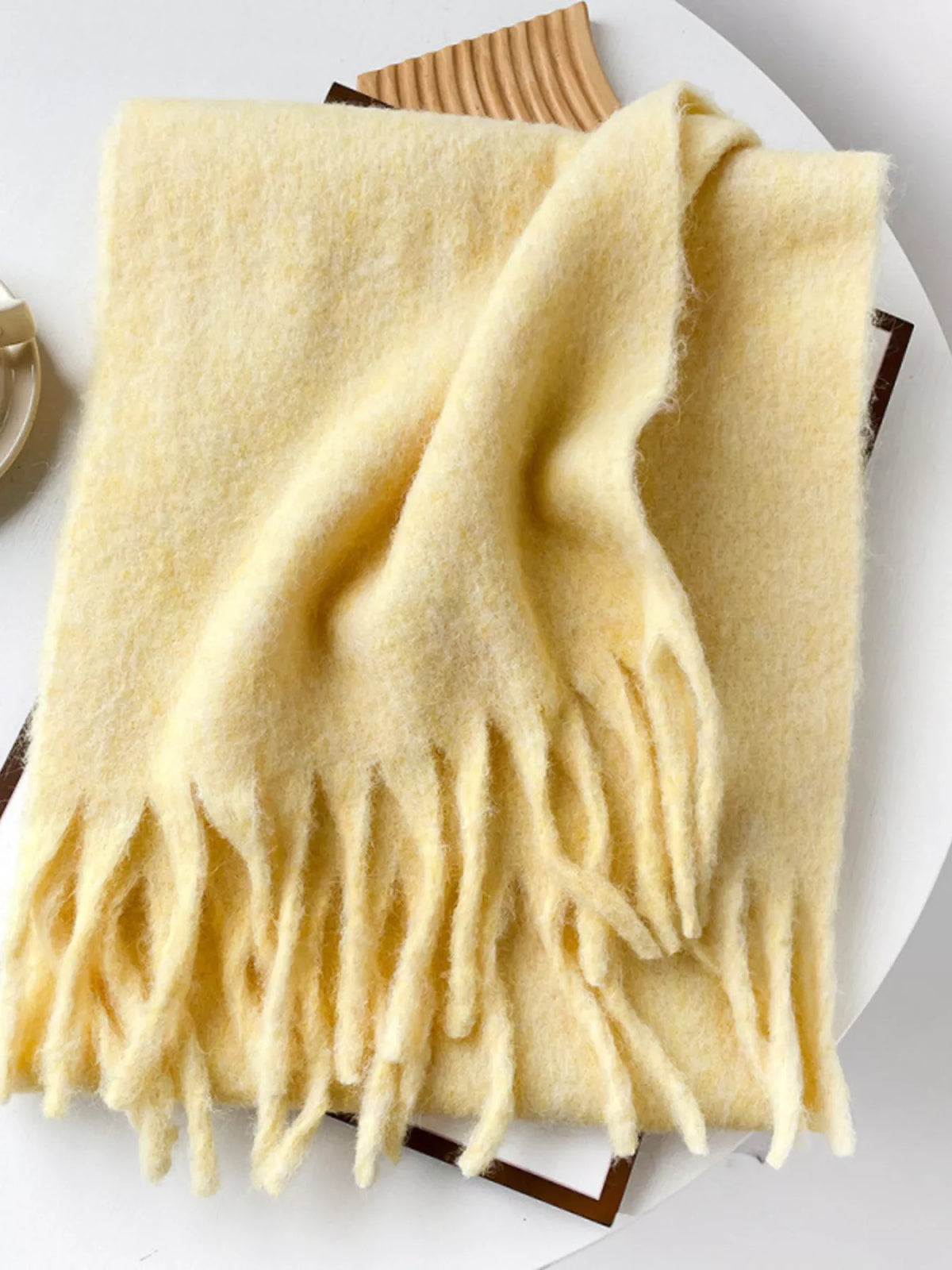 Fringe solid color polyester scarf draped view