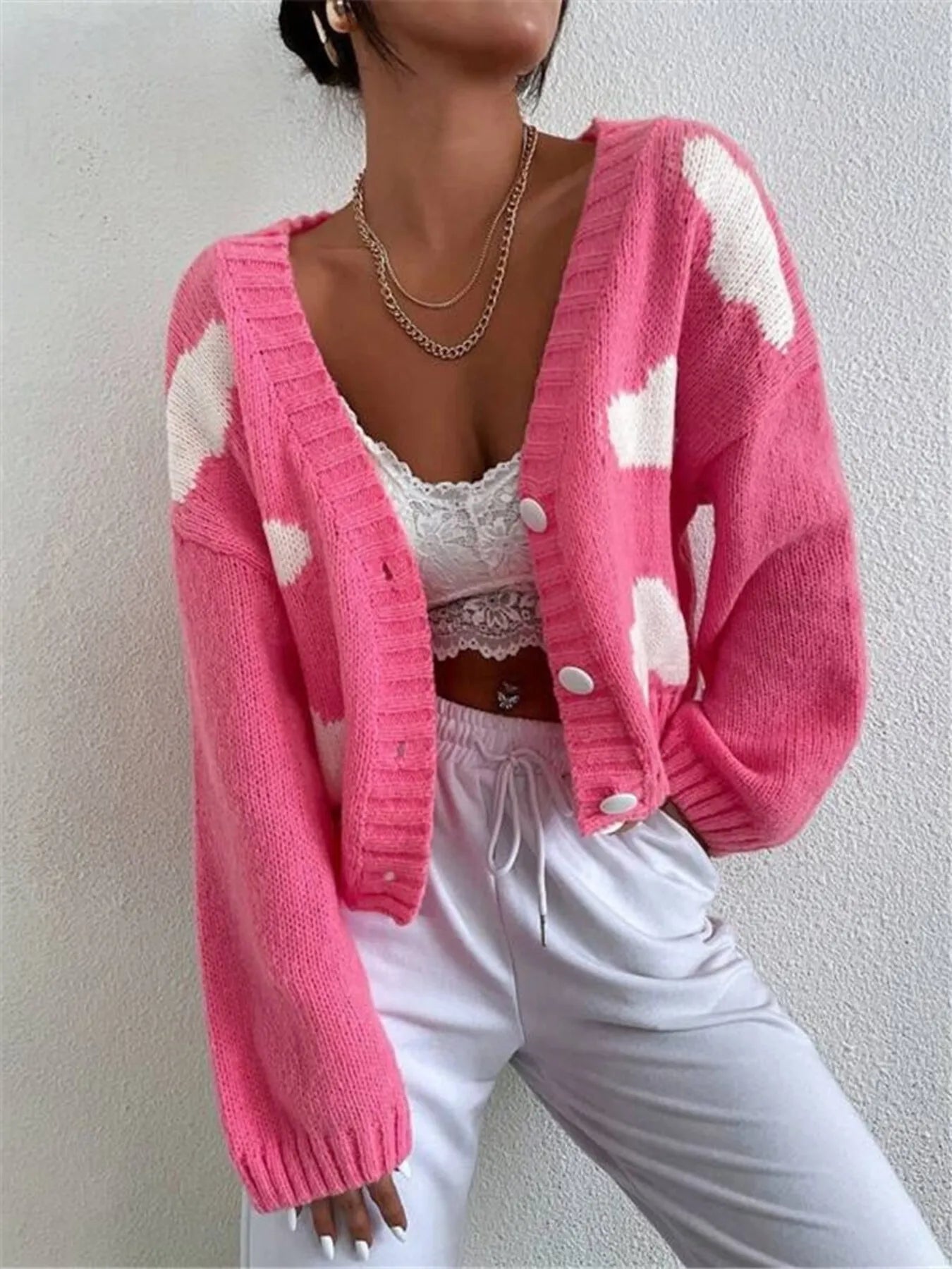 Contrast Cloud Pattern Cropped Button-Up Cardigan - Fashorio