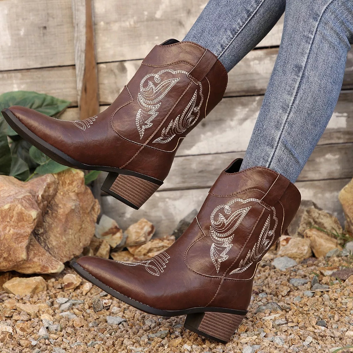 Western Cowboy Boots with Embroidered Design angled three quarter view