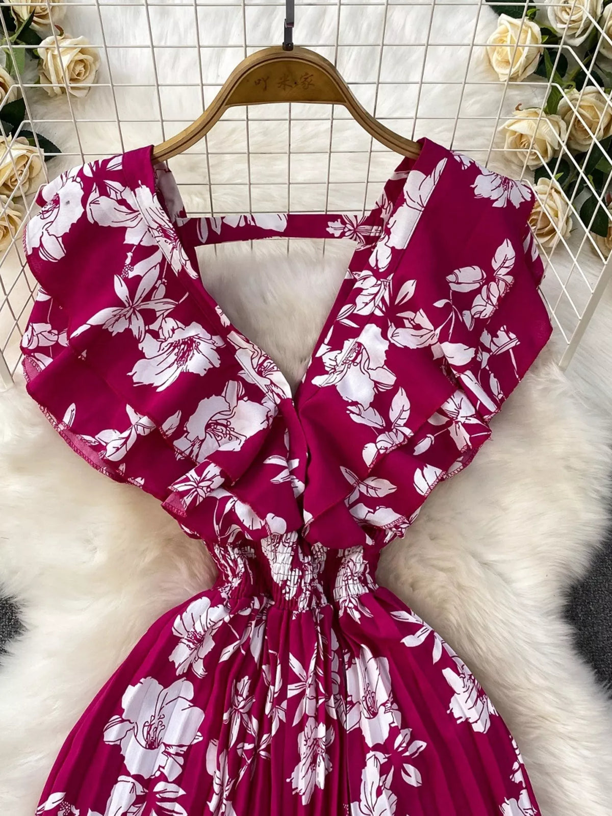 Floral print wide leg pleated jumpsuit back view