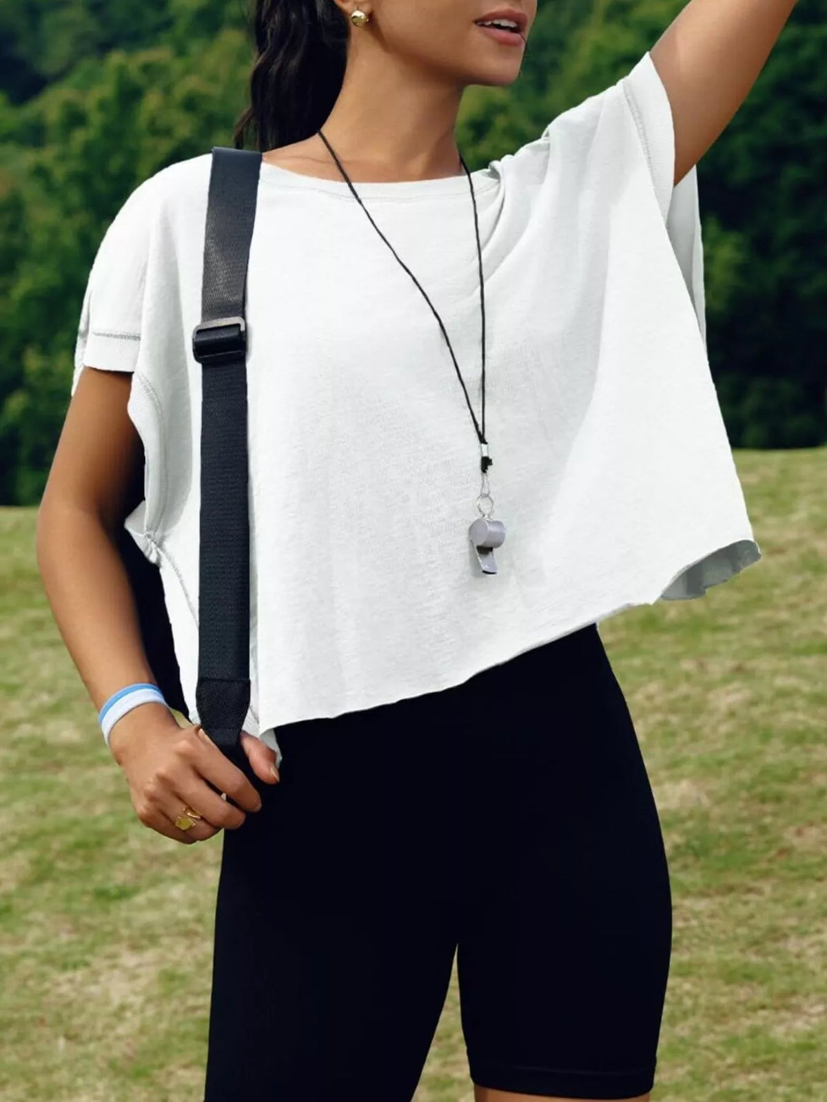 White cutout crisscross back short sleeve t shirt back view