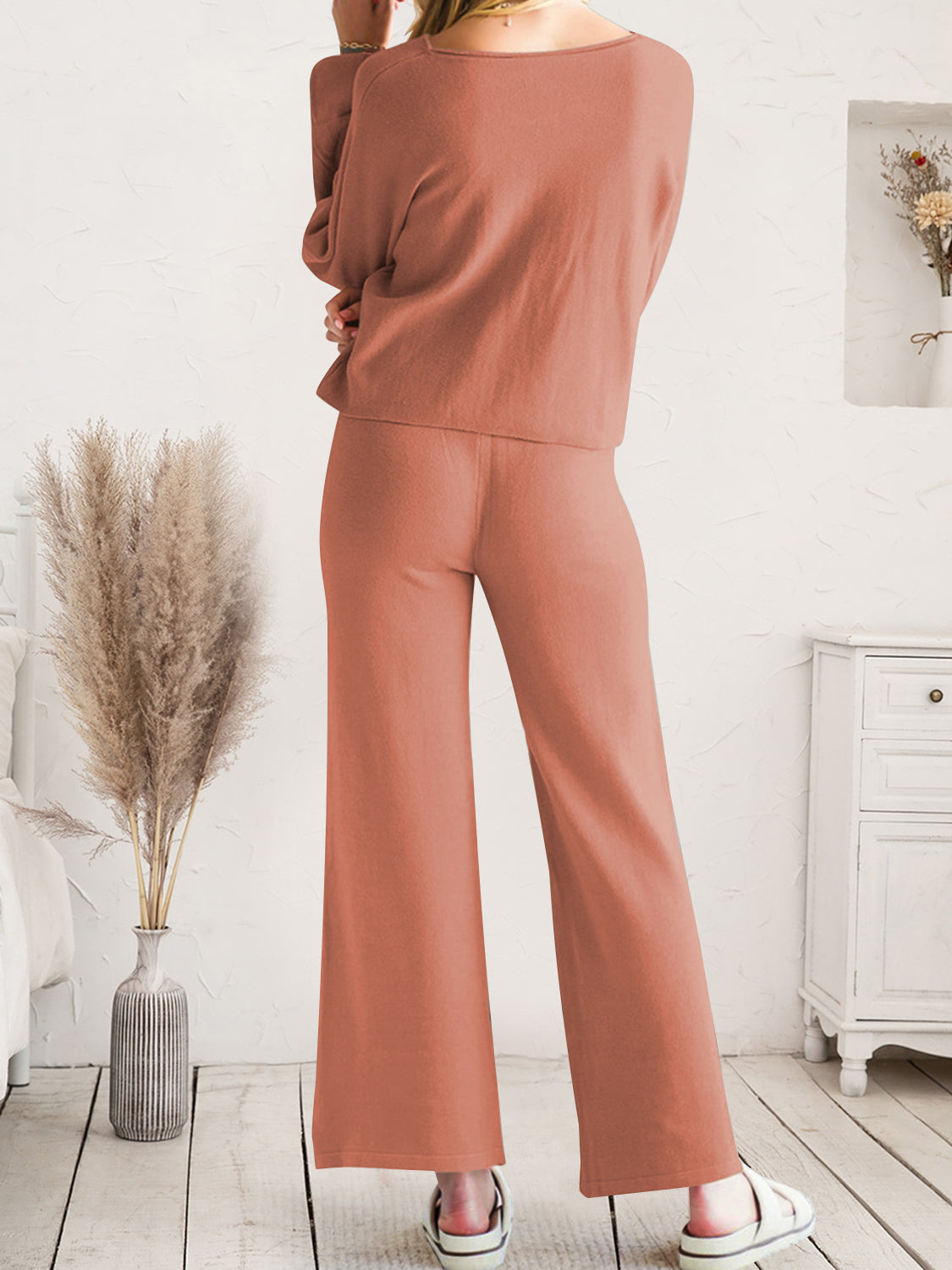 Long Sleeve Lounge Top and Drawstring Pants Set - Fashorio