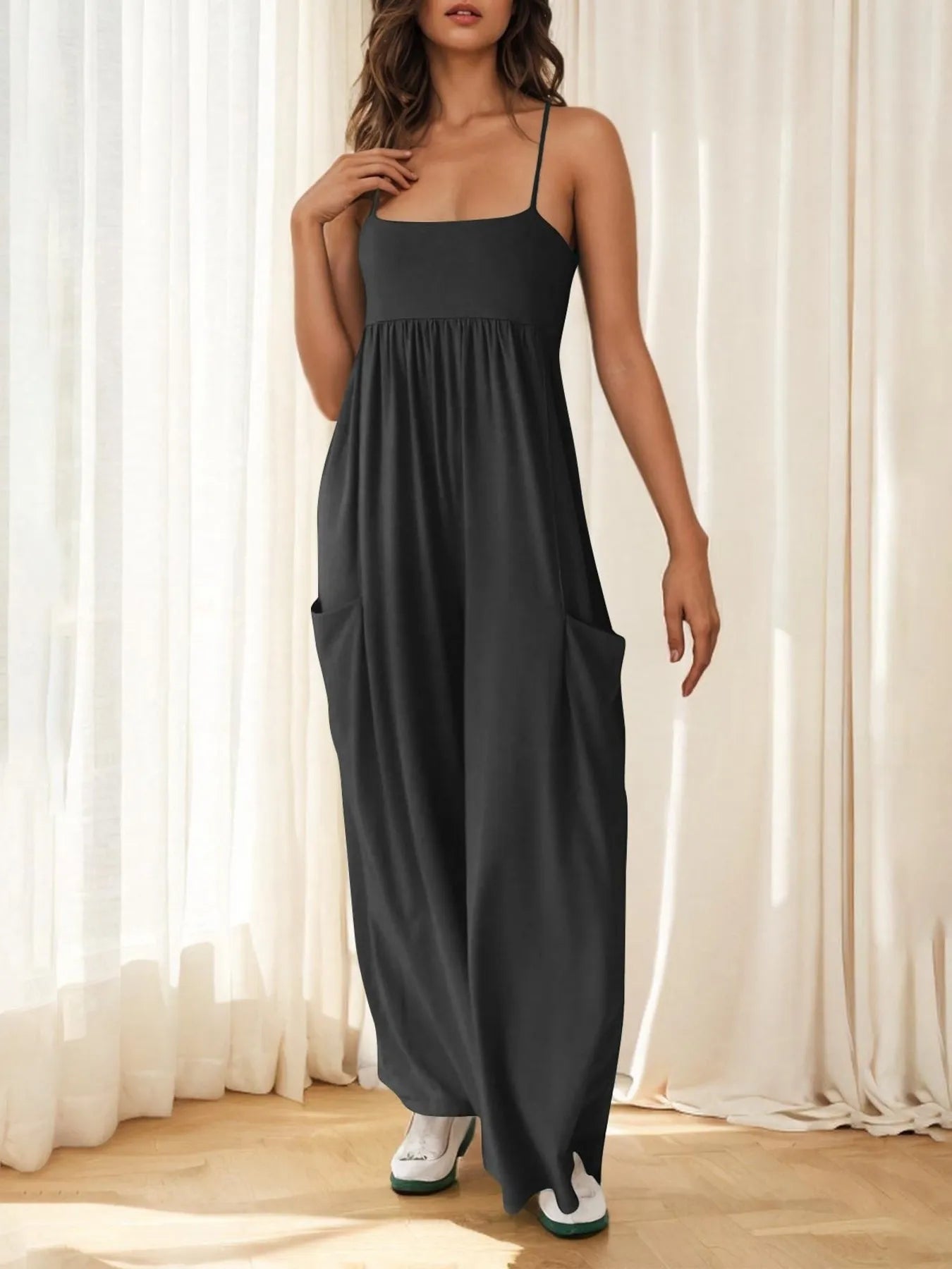 Spaghetti Strap Wide Leg Jumpsuit Dark Gray - Fashorio