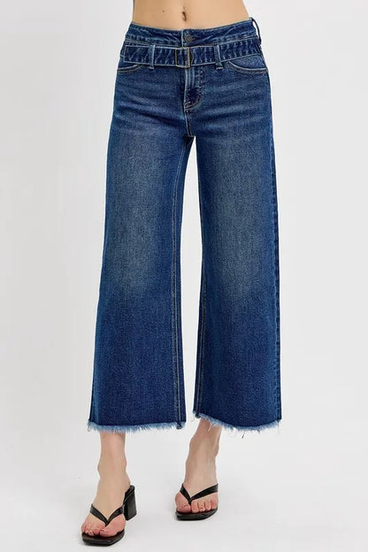 RISEN Raw Hem Wide Leg Attached Buckle Jeans - Fashorio