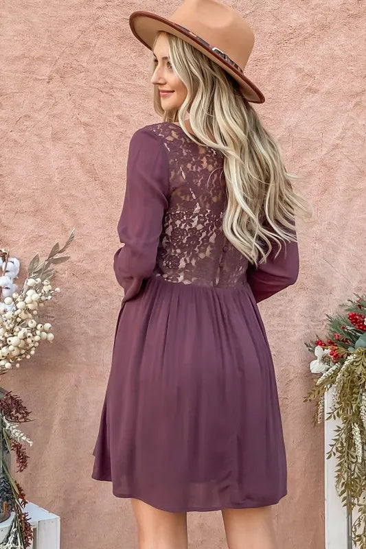 Back Lace Button Down Detail Bell Sleeve Dress back view