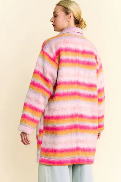 Davi & Dani Contrast Striped Open Front Coat with Pockets - Fashorio