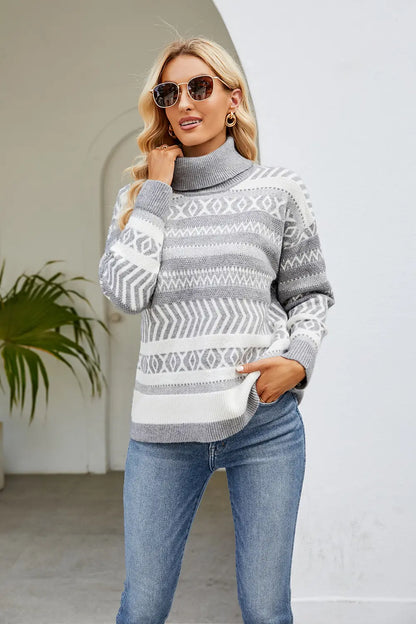 Geometric Turtleneck Long Sleeve Sweater Light Gray - Fashorio