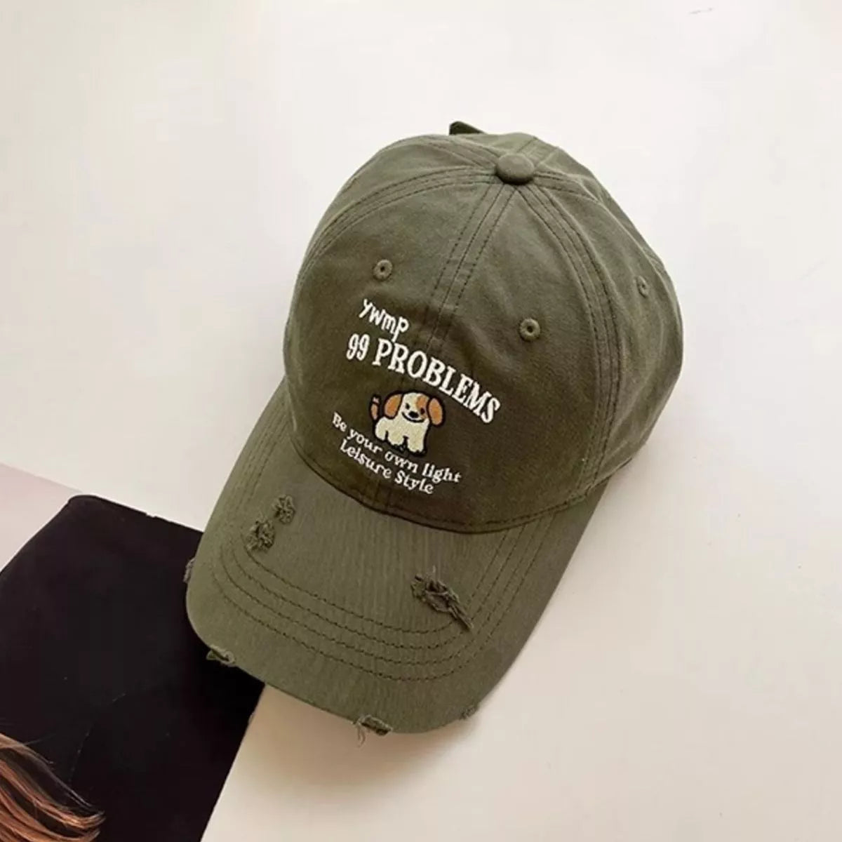 Dog baseball cap shown from the side