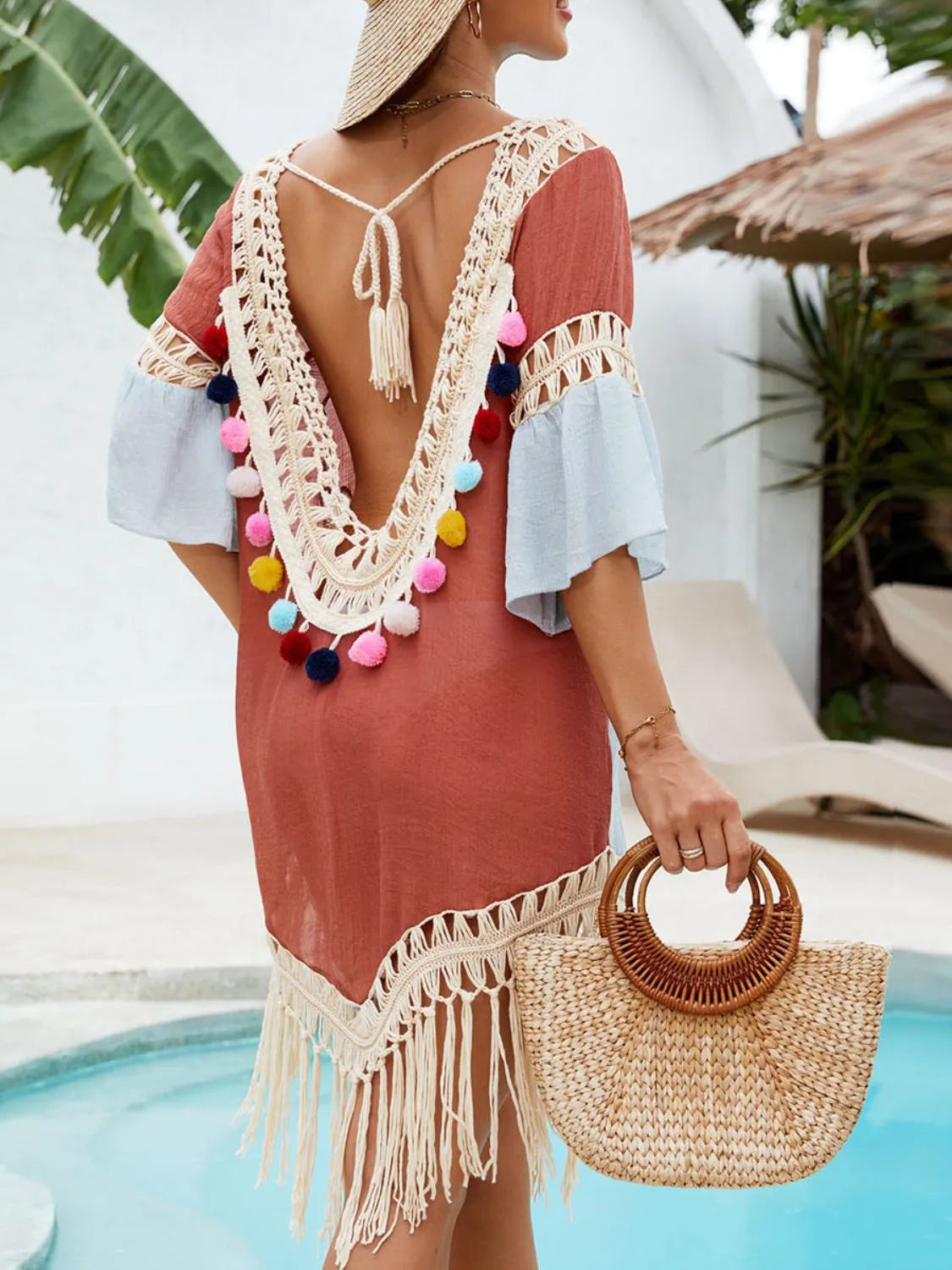 Backless Tassel Hem V-Neck Cover-Up - Fashorio