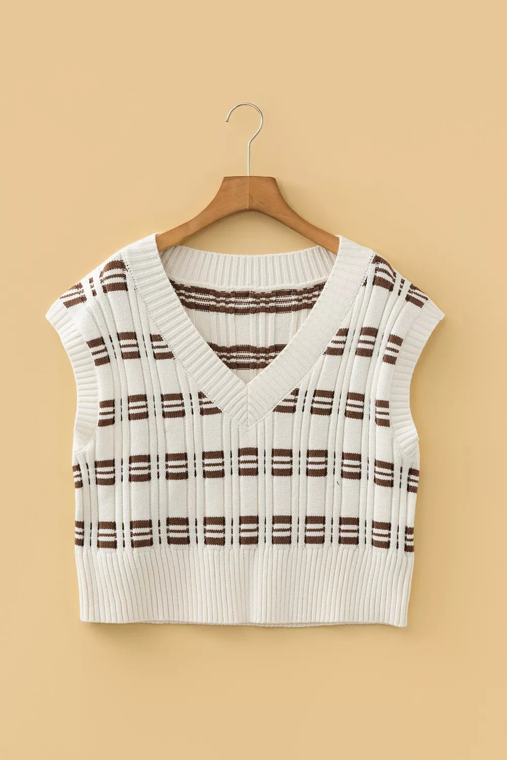 Geometric Textured Cropped V Neck Sweater Vest in Beige side view