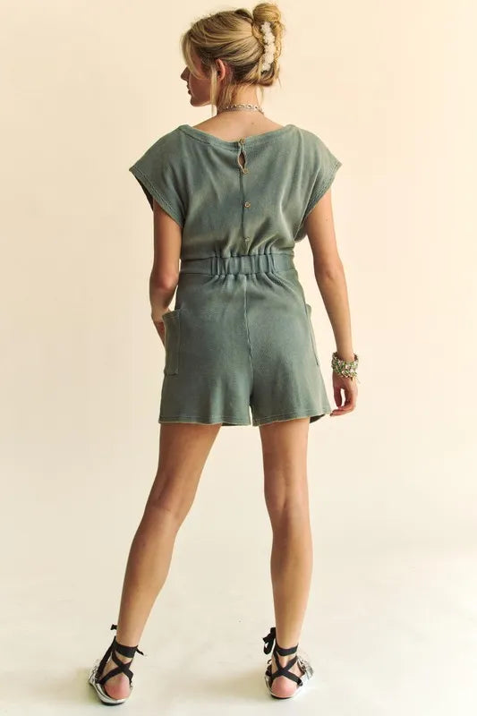 Acid Washed Waffle Knit Cuffed Sleeves Romper on model